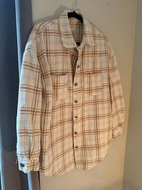 Cozy Plaid Shacket Jacket Cream Brown Oversized Button Front Size L
